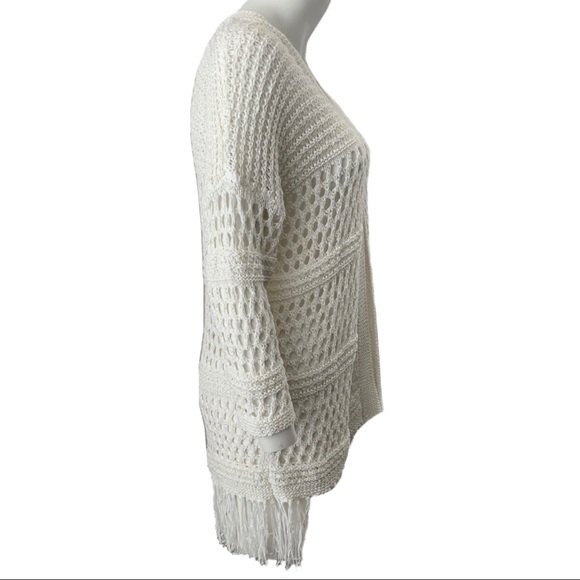 Premise Fringed Open Front Sweater Size L Ivory 3/4 Sleeve - Picture 4 of 10